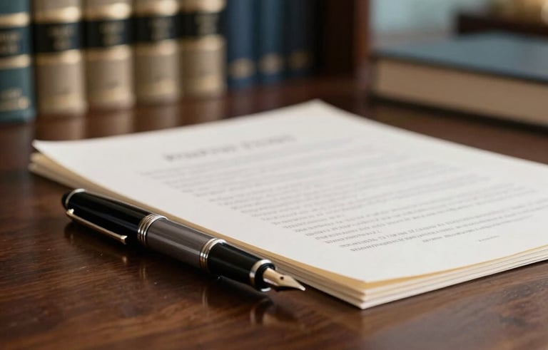 A sophisticated close-up of a dark wood desk in a North American legal library with blurred law books in the background. A professional fountain pen and clean off-white documents suggest careful preparation. Subtle light blue accents in the background.