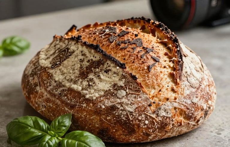 A close-up photograph of artisanal sourdough bread and fresh basil on a stone countertop. The lighting is warm and cinematic, emphasizing texture. Authentic Northern European restaurant kitchen setting, blurry professional camera lens in the background corner.