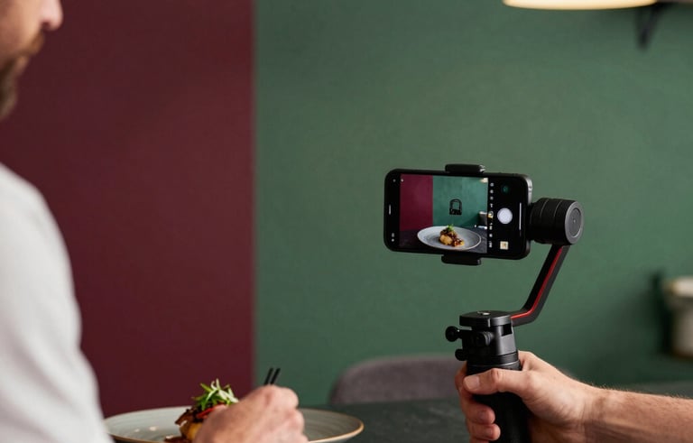 Behind-the-scenes shot of a content creator in a Northern European setting, using a gimbal and smartphone to film a chef plating a dish. Modern, artisanal aesthetic with Matte Forest Green and Deep Ripe Crimson accents in the decor.