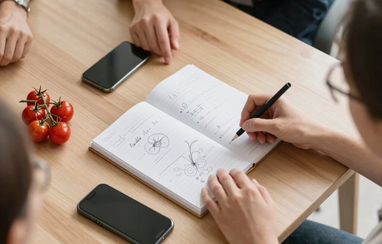 A top-down professional shot of a digital marketing strategy session in a bright Scandinavian studio. A minimalist wooden desk holds a notebook with sketches, a modern smartphone, and a small branch with cherry tomatoes. Natural light, clean lines, and a professional yet cozy atmosphere.