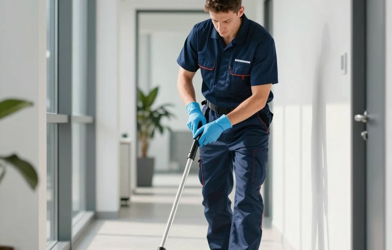 A professional cleaning scene in a modern, brightly lit office hallway in Central Europe. A worker in a professional dark blue uniform is using high-quality equipment. The lighting is natural and bright, conveying cleanliness and trust. Colors used include soft blue and white.