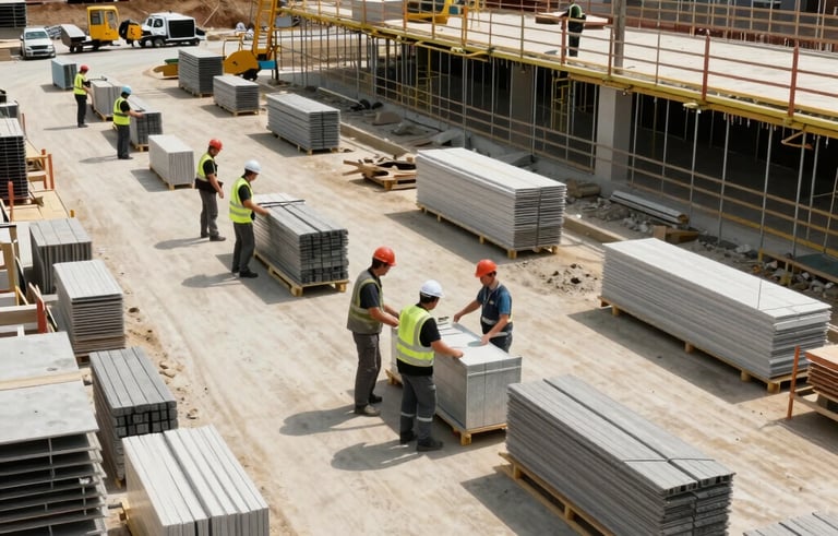 A wide shot of an organized construction site in Central Europe. Workers are assisting with material management. The atmosphere is professional, safe, and efficient. Lighting is bright daylight, highlighting order and coordination.