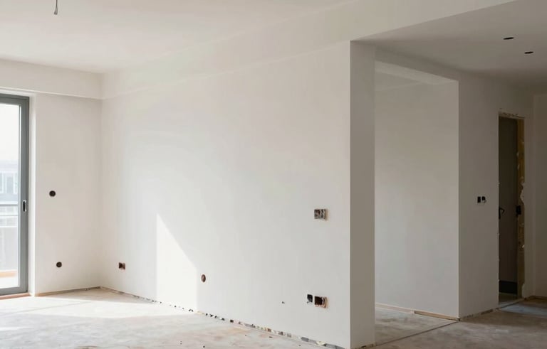 Photography of a freshly finished modern apartment building interior in Germany. The surfaces are gleaming, and the space is free of construction dust. Professional equipment is visible in the corner. Clear, sharp lighting highlights the quality of work.