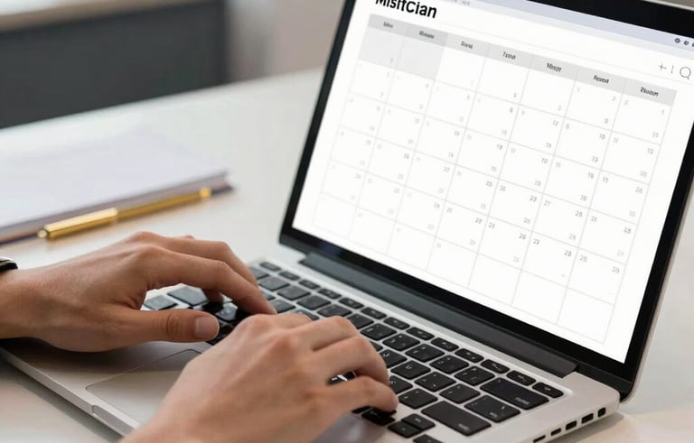 Close-up of professional hands typing on a laptop and checking a digital calendar in a bright office in Brazil. Elements of gold and muted blue colors are present in the decor. Professional photography, clean and efficient atmosphere.