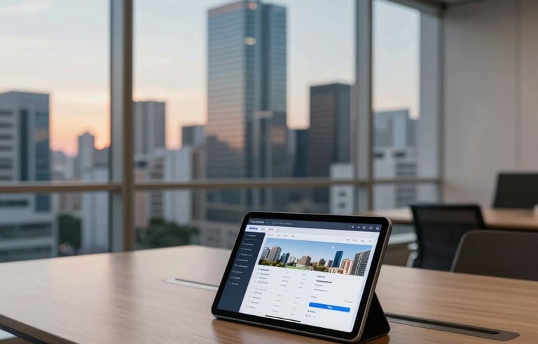 A modern meeting room in a Brazilian skyscraper. Large windows showing a city skyline at sunset. A clean table with a tablet showing real estate CRM data. High-end, solid, and professional feel. Muted blue and tan palette.