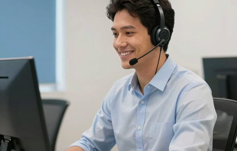 A professional Brazilian office environment where a person in a modern headset is smiling while working at a clean desk. The background shows soft blue and off-white walls, characteristic of a high-end corporate setting in South America. Bright, natural lighting, sharp professional photography.