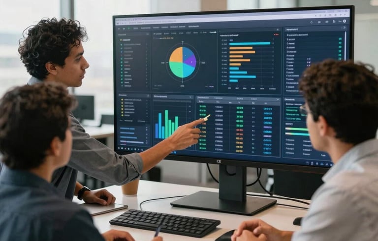 A collaborative South American / Brazilian tech office environment where professionals are analyzing data charts on a large modern screen, bright natural light, professional attire, focus on innovation and digital transformation.