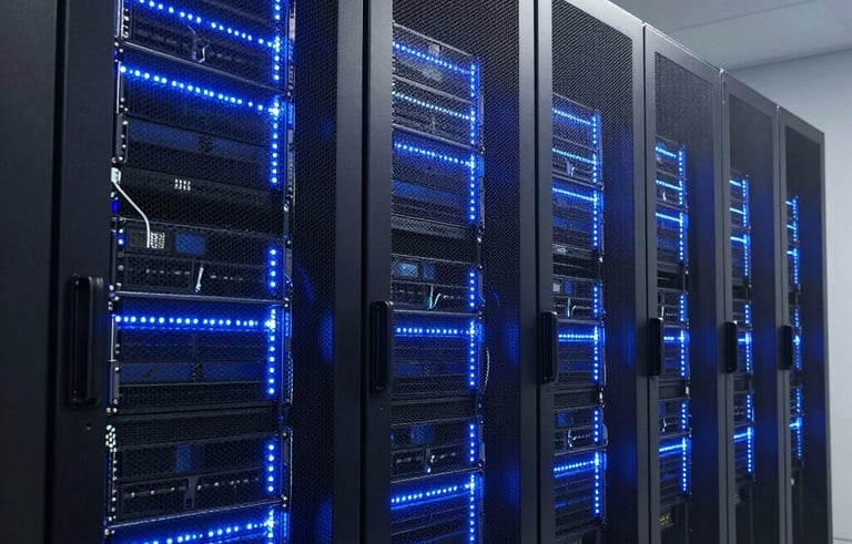 A professional high-tech server room in a South American / Brazilian corporate data center, featuring rows of sleek server racks with glowing deep blue and white LED lights, emphasizing secure infrastructure and cloud technology, modern and clean photography.