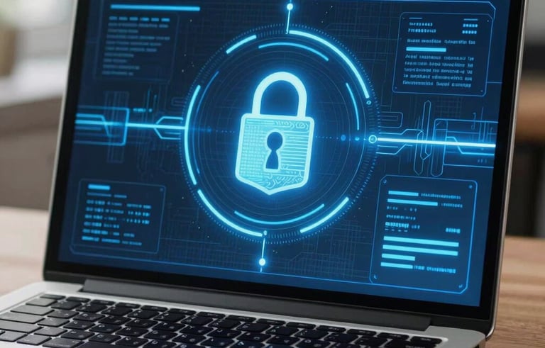 A close-up of a modern laptop in a South American / Brazilian business setting showing stylized data encryption graphics, medium blue ambient lighting, representing high-level information security and trust.