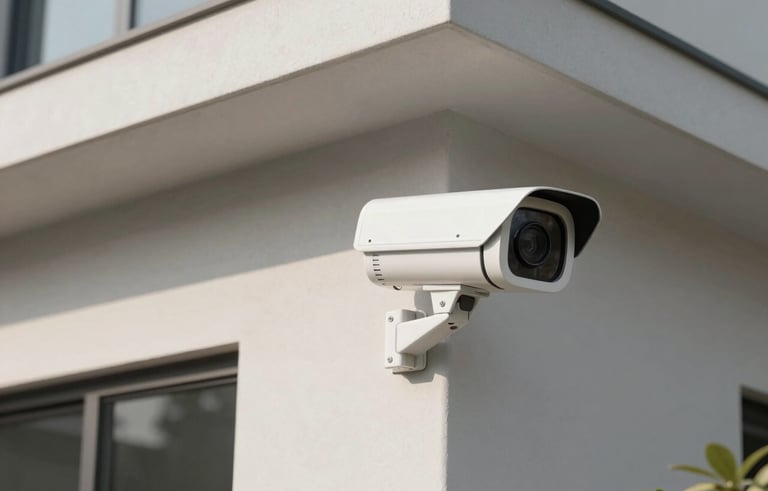 Photography of a sleek, professional white outdoor bullet security camera mounted on the corner of a modern Indian home, natural daylight, soft shadows, high-quality build, clean off-white and cool grey color palette.