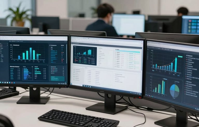 A modern, high-tech workspace in a North American secure office. A professional desktop computing setup with multiple monitors is focused on efficiency and strategic intelligence. Reliable and clean aesthetic.