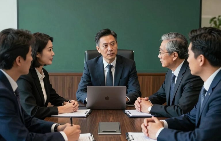 A sharp, professional boardroom meeting in a North American corporate office. Experts in business attire are engaged in a strategic discussion around a dark wood table. Natural light highlights a sophisticated environment featuring dark blue and dark green accents.