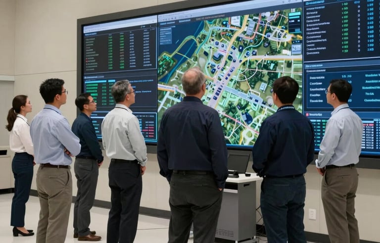 A collaborative team of experts in a North American strategic intelligence facility. They are standing around large data screens, coordinating complex mission goals. Professional atmosphere with off-white and muted blue lighting.
