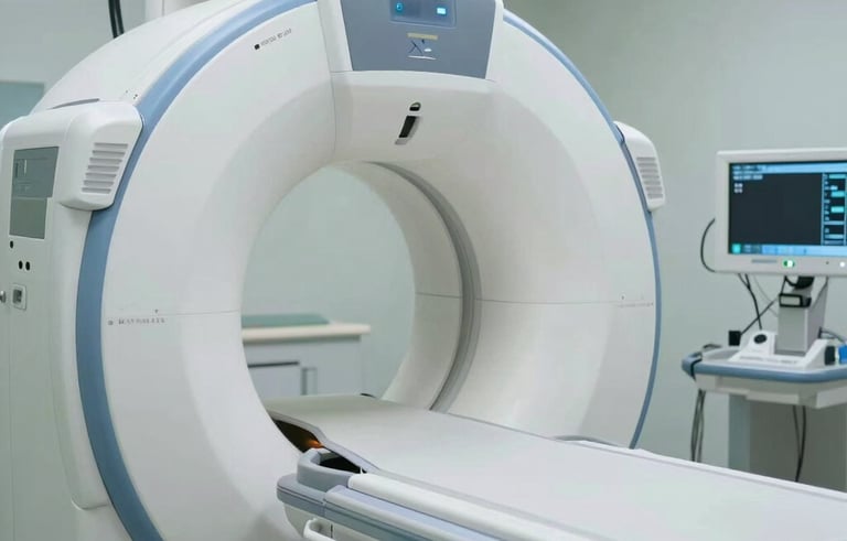 A close-up photograph of a state-of-the-art diagnostic imaging machine in a South American / Brazilian clinic. The lighting is bright and clinical, using medium blue and light blue accents to convey advanced technology and precision.