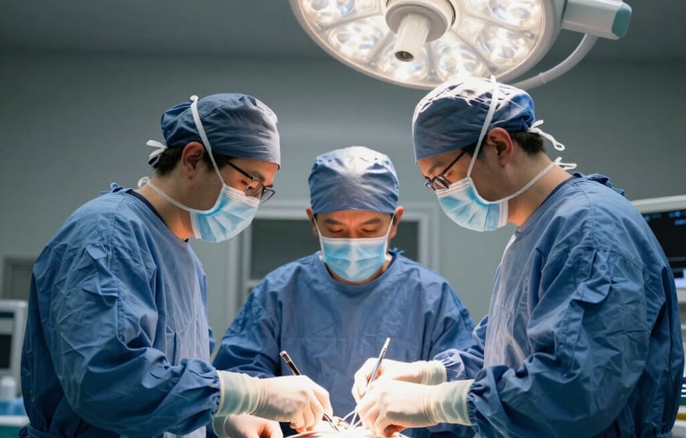 Photography of a surgical team in a sterile, modern operating room in Brazil, focused on a scheduled procedure. Professional lighting highlighting the clean environment and specialized equipment. Tones of dark blue and medium blue.