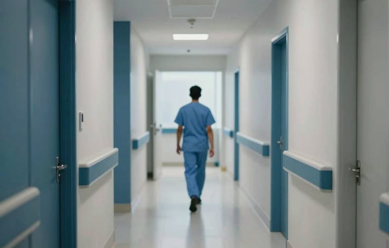 Photography of a modern and clean South American / Brazilian hospital hallway with soft, natural lighting, a blurred healthcare professional in the distance, promoting a sense of calm and professional care. Use a palette of dark blue and light gray tones.