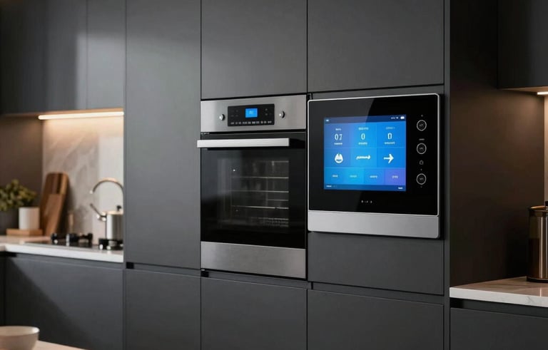 A sleek, dark-themed kitchen interior featuring integrated high-end appliances, smart touch-screen controls on the wall, and elegant gold lighting fixtures over a breakfast bar, sophisticated atmosphere, North American / US.