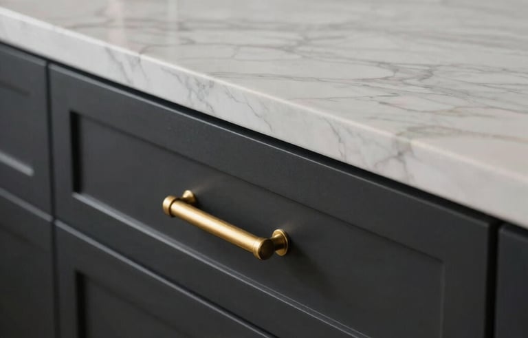 A detailed close-up shot focusing on premium kitchen textures: a polished white marble countertop meeting custom matte black cabinetry with brushed gold brass hardware, soft natural light, North American / US luxury interior.