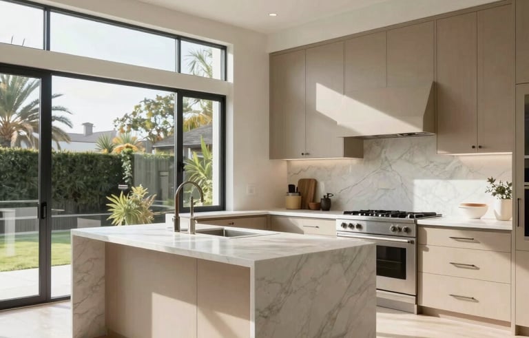 A wide-angle professional photograph of a sun-drenched, high-end modern kitchen in a Los Angeles home, featuring white marble islands and warm beige custom cabinetry, floor-to-ceiling windows, and clean architectural lines, North American / US residential style.