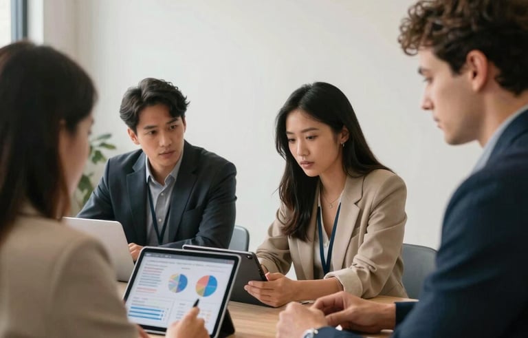 A North American marketing team in a bright, modern office with Crisp Parchment walls. They collaborate over a tablet showing analytics in a cozy, professional setting.