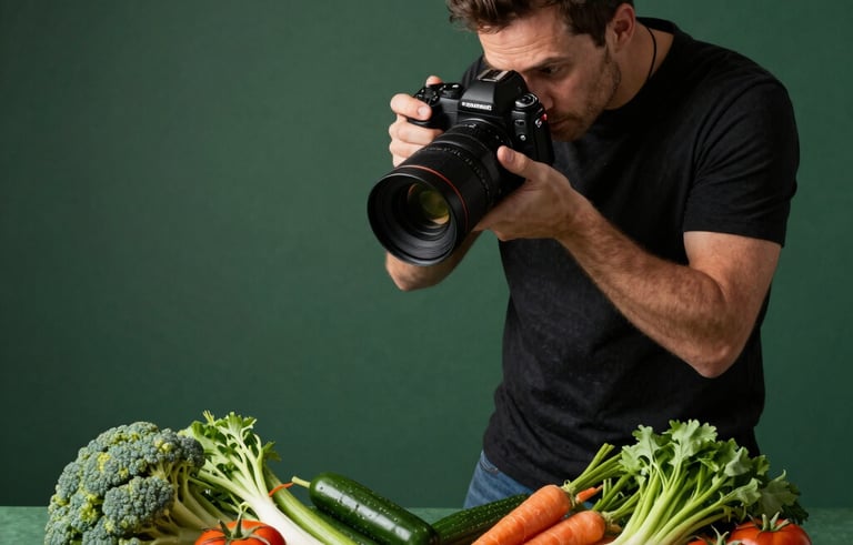 A professional food photographer in a North American restaurant setting up a high-contrast shot of vibrant vegetables on a Matte Forest Green background.