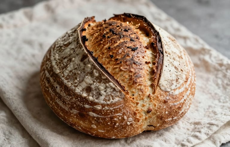 A close-up photography shot in a North American artisanal bakery. A fresh sourdough loaf sits on a Crisp Parchment linen cloth, captured in soft, natural morning light with a cozy Scandinavian aesthetic.