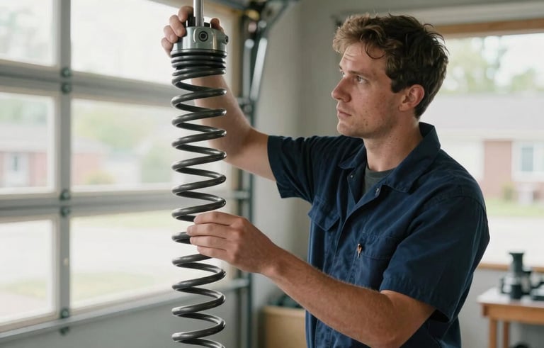 A professional North American technician in a dark blue uniform inspecting a garage door spring inside a residential garage in Orangeville. Sharp focus on the heavy-duty metal components, natural light filtering through windows, clean and organized workspace.