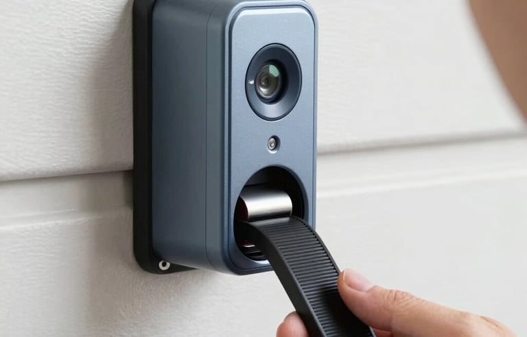 Close-up of a modern smart garage door opener system being calibrated by a technician. Clean lighting highlighting the metallic gray and charcoal blue surfaces of the motor housing and drive belt.