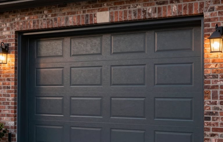 A high-end, stylish charcoal gray insulated garage door on a modern North American brick house in Orangeville. Exterior shot at dusk with warm outdoor lighting accentuating the door's clean lines and quality finish.