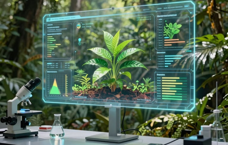 A high-tech laboratory inside a lush Brazilian rainforest, showing transparent holographic screens displaying reforestation data, digital plant growth simulations, soft natural sunlight filtering through green leaves, professional environmental photography style.