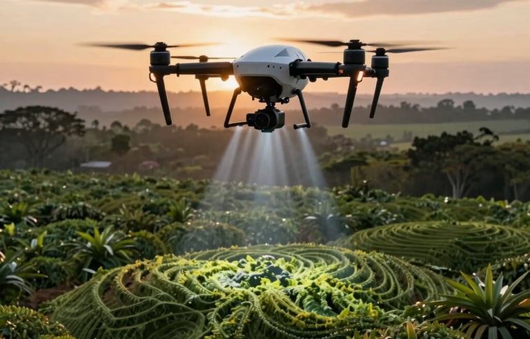 A specialized environmental drone hovering over a sustainable Brazilian organic farm at sunrise, scanning topography with light beams, professional photography style.