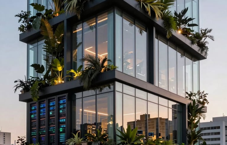 A sleek modern data center integrated within a vertical garden building in a South American city, evening lighting with reflections of plants on glass, futuristic.