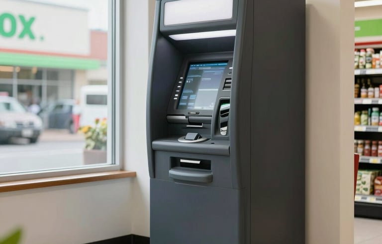 A sleek, modern black ATM machine standing prominently in a bright, clean North American grocery store corner. Soft natural lighting, professional atmosphere with hints of money green in the store branding.