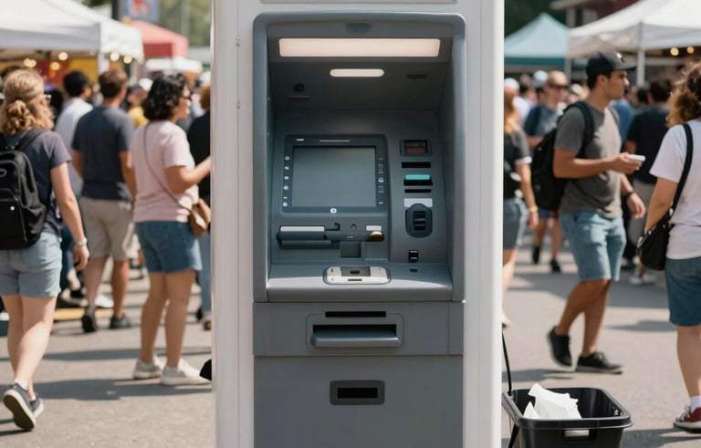 A high-capacity mobile ATM unit deployed at a busy outdoor North American street festival with a diverse crowd in the background. The lighting is bright daylight, conveying accessibility and community service.