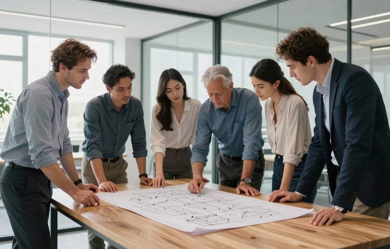 A group of professional architects and engineers in a bright, modern office with glass walls, reviewing blueprints and technical drawings on a large wooden table, clean composition, soft natural daylight, Northern European professional attire.