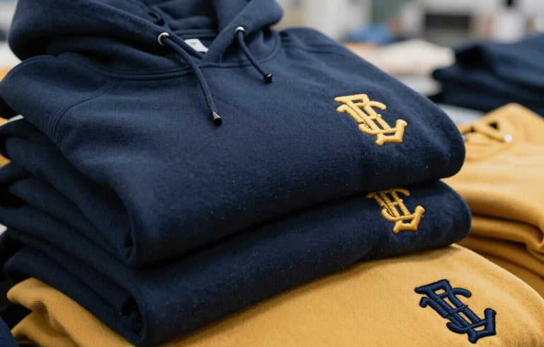 A close-up photography shot of a pile of neatly folded premium cotton hoodies in navy blue and golden yellow, featuring high-quality embroidered class logos. The setting is a bright, modern textile factory in Argentina. Professional lighting highlighting the soft texture of the fabric.