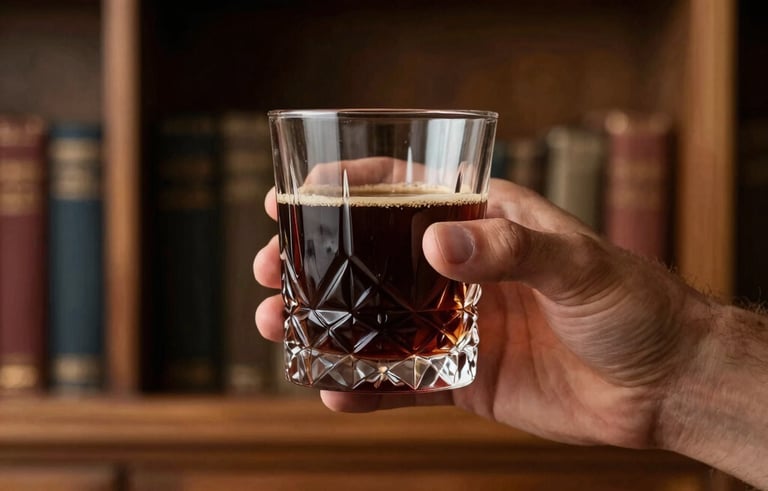 A close-up of a masculine hand holding a crystal glass with a dark brown beverage, sitting in a dimly lit North American study with tan brown wooden shelves.