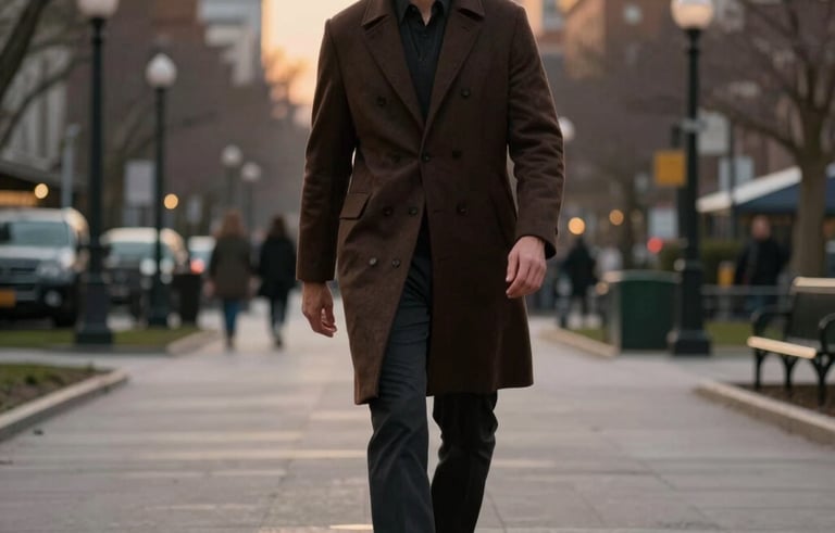 A tall man in a dark brown wool coat walking through a quiet, clean North American urban park at sunset, soft golden lighting, sincere and sophisticated mood, high-end photography.
