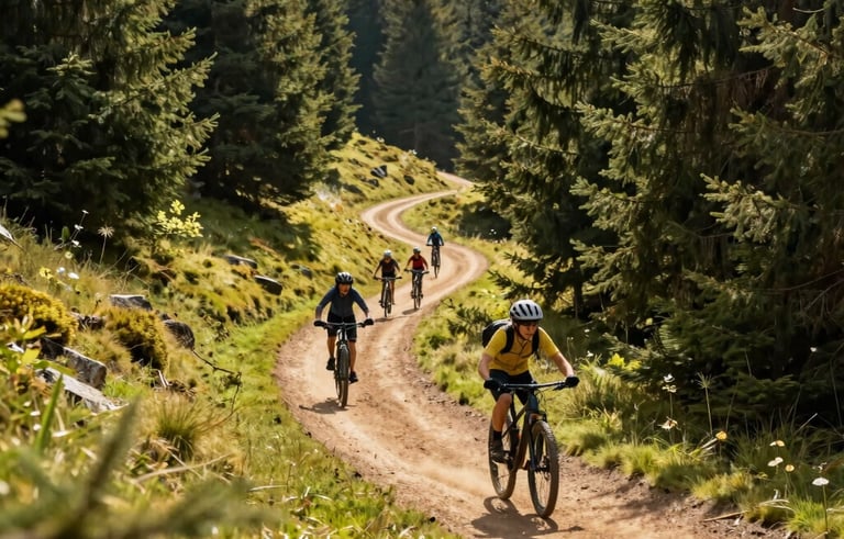 A wide and smooth mountain bike trail winding through a sun-dappled pine forest in the Vosges Region. A family is seen from a distance cycling peacefully together. The lighting is warm and golden, highlighting the soft green grass and the light sage and forest green of the surroundings.