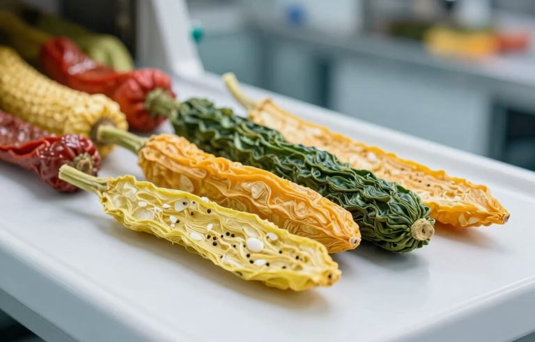 A professional macro shot of vibrant, high-quality dehydrated organic vegetables. The setting is a clean, modern food processing plant in India. Sharp focus, bright slate blue and white lighting. Global B2B / Indian Origin.