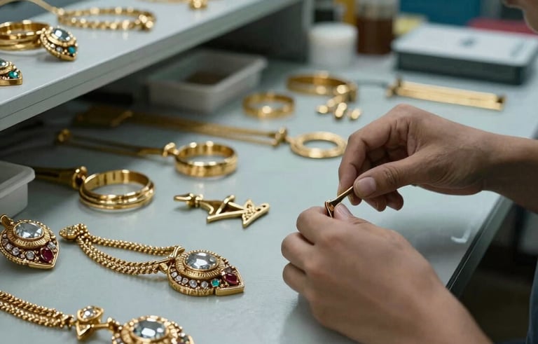A high-end commercial photograph of premium imitation fashion jewelry being sorted in a sleek manufacturing facility. Soft gold and blue lighting highlights the craftsmanship and luxury. Global B2B / Indian Origin.