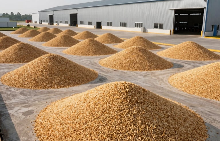 A wide-angle landscape shot of sustainable agricultural biomass pellets stored in a modern industrial warehouse near a major shipping port. Bright daylight, authoritative corporate atmosphere. Global B2B / Indian Origin.