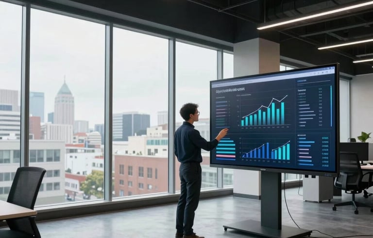 A wide shot of a contemporary North American office space with large windows, where a professional is reviewing cybersecurity analytics on a large screen.