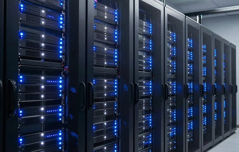 A wide shot of a modern, high-security server room in North America, rows of metallic racks with blue and white indicator lights glowing in the dim, professional environment.