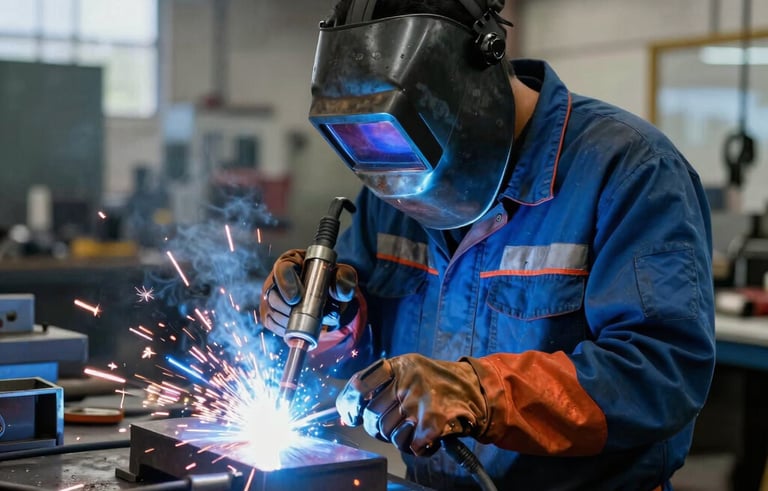 A professional welder in a South American industrial shop floor, blue light from a TIG welding torch illuminating the scene, metal sparks, clean and modern workshop atmosphere.