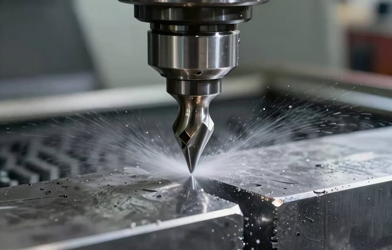 A high-precision CNC milling machine bit cutting through a block of industrial steel, cooling fluid spraying on the contact point, sharp focus, metallic silver and slate gray tones, South American manufacturing facility.