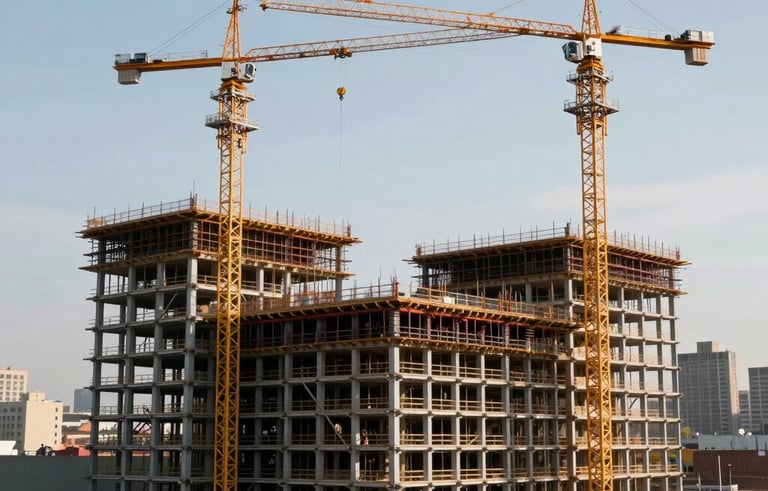 A wide-angle, professional photograph of a large-scale commercial construction project in a major North American city, showing a steel skeleton and cranes against a clear sky, symbolizing growth and capital investment.