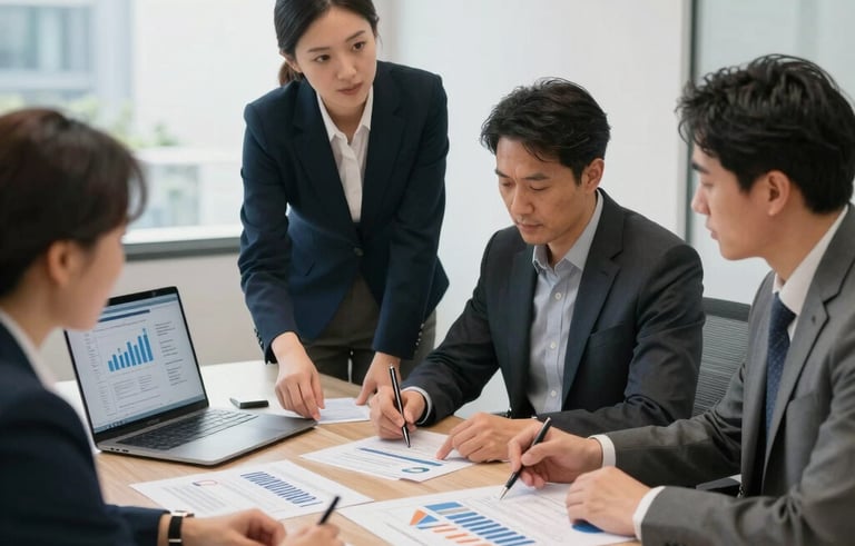 A professional team of financial advisors in a light-filled boardroom in a modern North American office, collaborating over project plans and digital data.