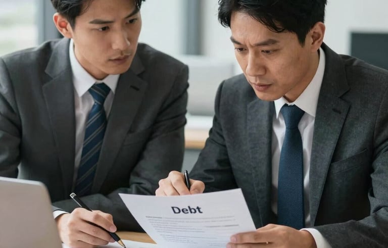 A sophisticated North American office setting where two focused professionals in business attire are discussing debt structures over financial documents.