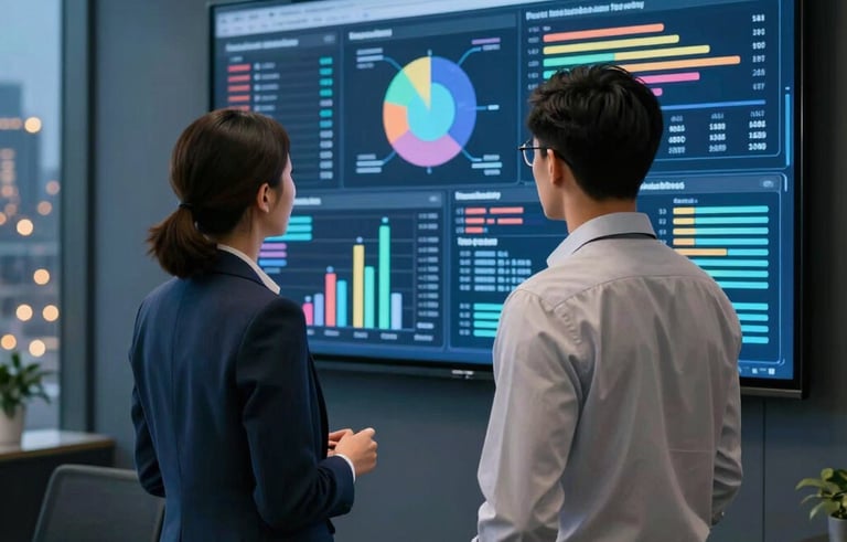 A medium shot of two professionals in smart casual attire standing before a large digital monitor in a high-tech North American conference room. They are analyzing vibrant data visualizations and advertising metrics. The background is a sophisticated dark blue and gray office environment with warm evening city lights visible through the window.